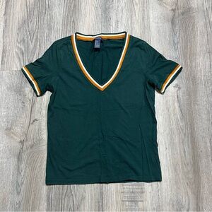 Green V-Neck T-Shirt with Striped Trim